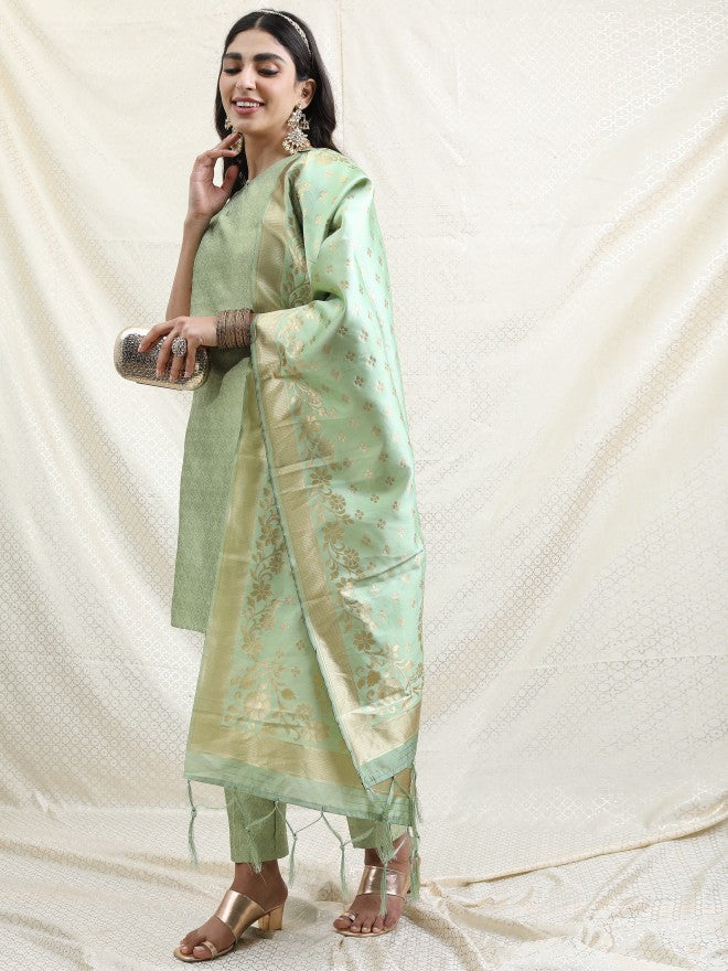 Vishudh Women Sage Printed Brocade Kurta With Palazzo And Dupatta - Sage - Image 4