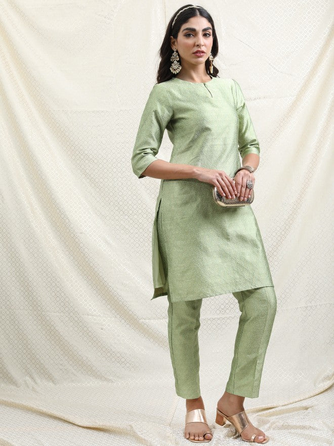 Vishudh Women Sage Printed Brocade Kurta With Palazzo And Dupatta - Sage - Image 6