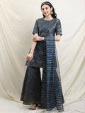 Vishudh Women Teal Printed Brocade Kurta With Sharara And Dupatta - Teal - Image 1