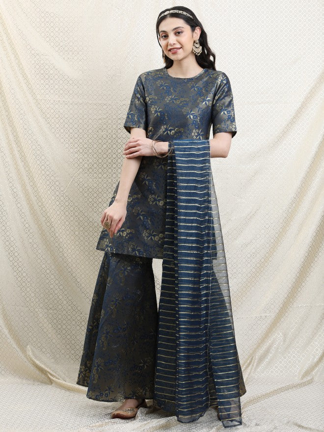 Vishudh Women Teal Printed Brocade Kurta With Sharara And Dupatta - Teal - Image 1