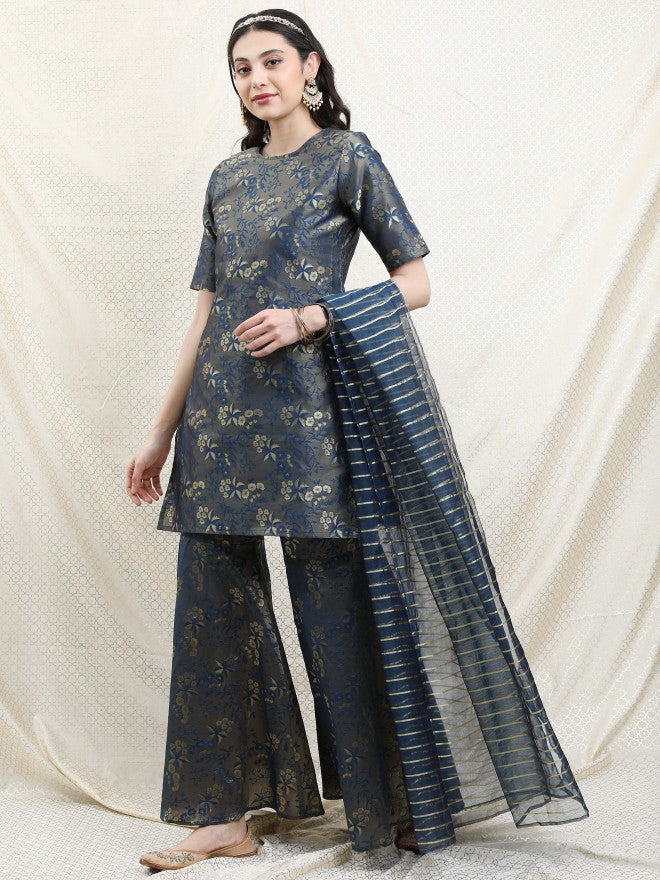 Vishudh Women Teal Printed Brocade Kurta With Sharara And Dupatta - Teal - Image 2
