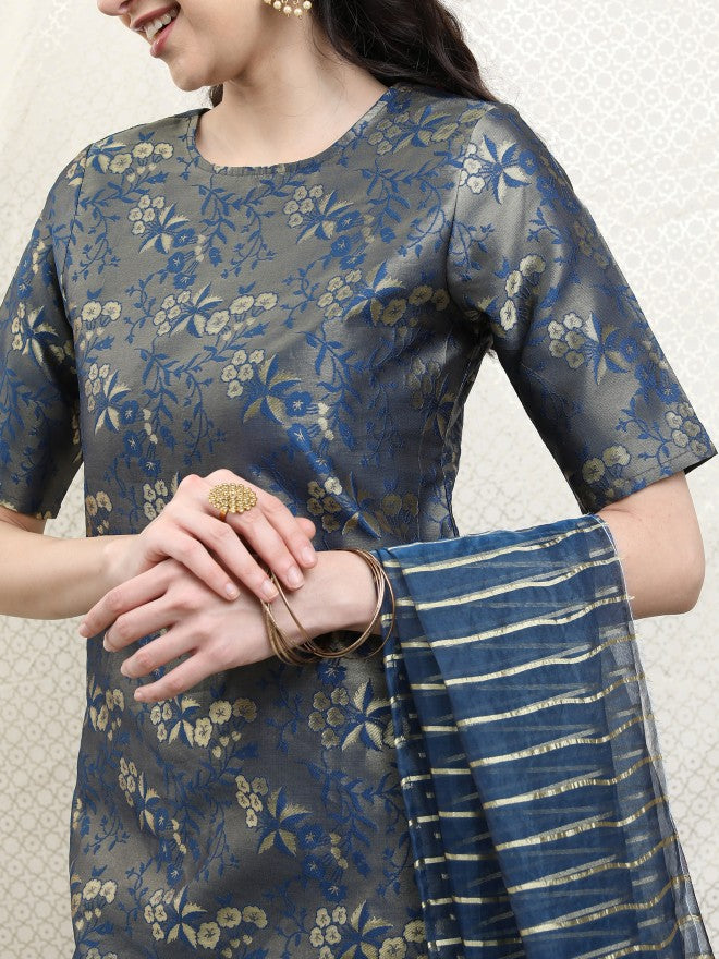 Vishudh Women Teal Printed Brocade Kurta With Sharara And Dupatta - Teal - Image 4