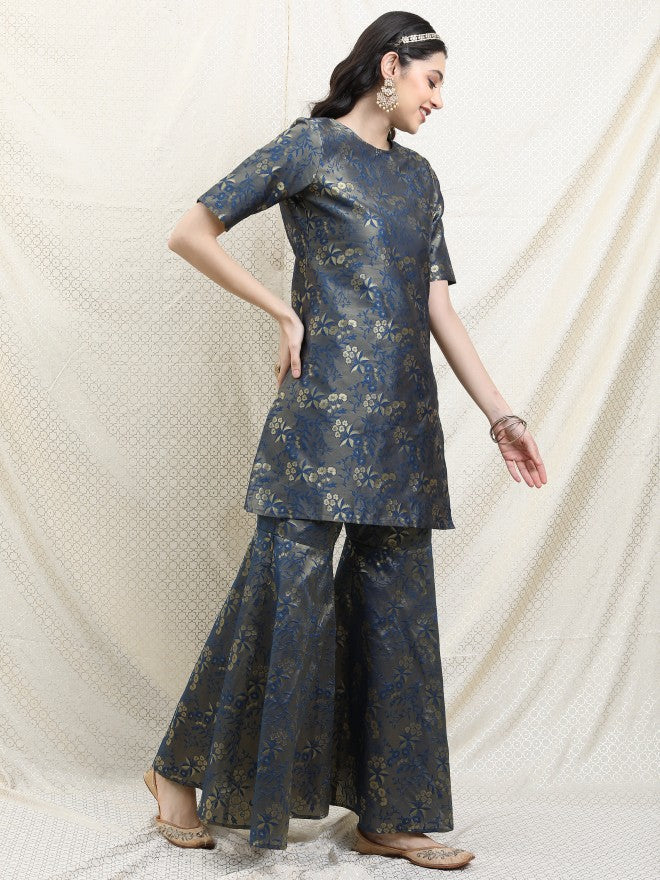 Vishudh Women Teal Printed Brocade Kurta With Sharara And Dupatta - Teal - Image 5