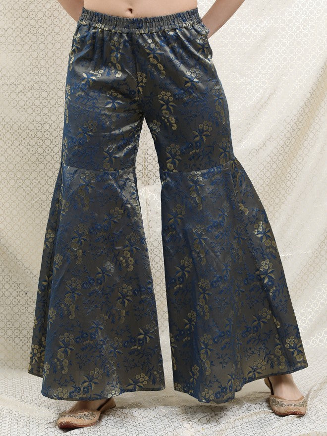 Vishudh Women Teal Printed Brocade Kurta With Sharara And Dupatta - Teal - Image 6