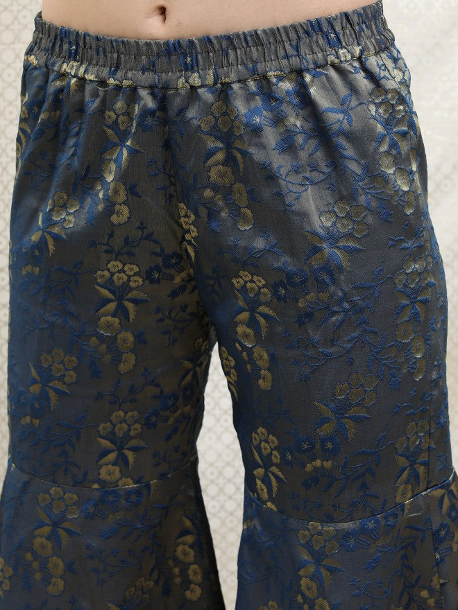 Vishudh Women Teal Printed Brocade Kurta With Sharara And Dupatta - Teal - Image 7