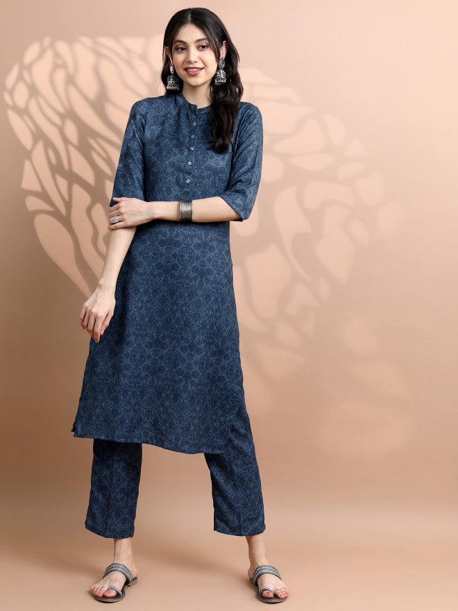 Vishudh Women Navy Blue Printed Kurta With Palazzo - Navy Blue - Image 1