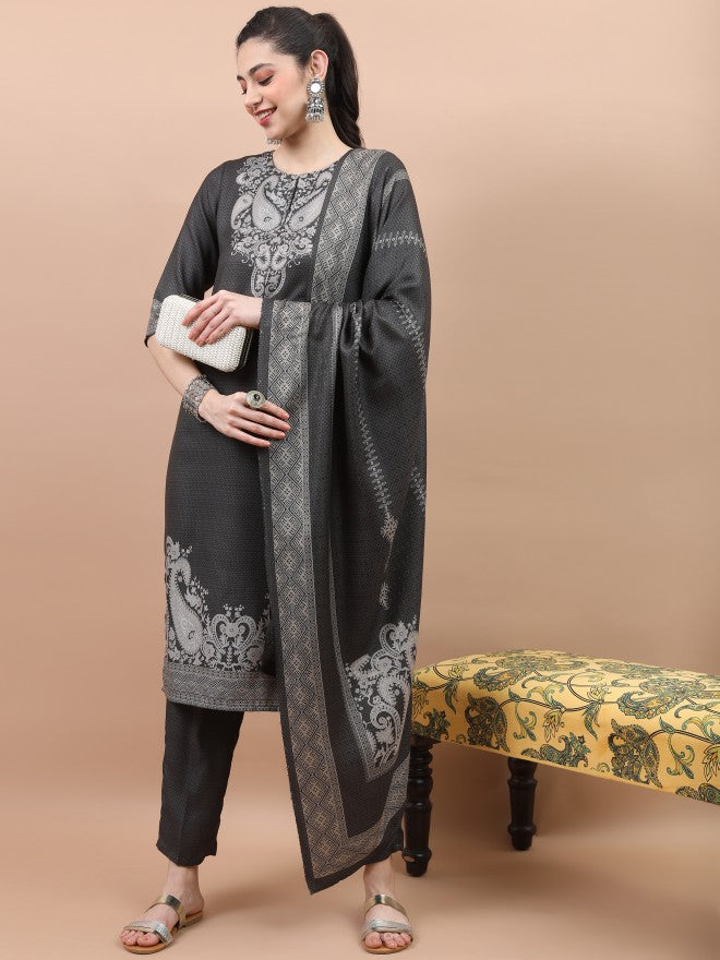 Vishudh Women Olive Printed Kurta With Palazzo And Dupatta - Olive - Image 1
