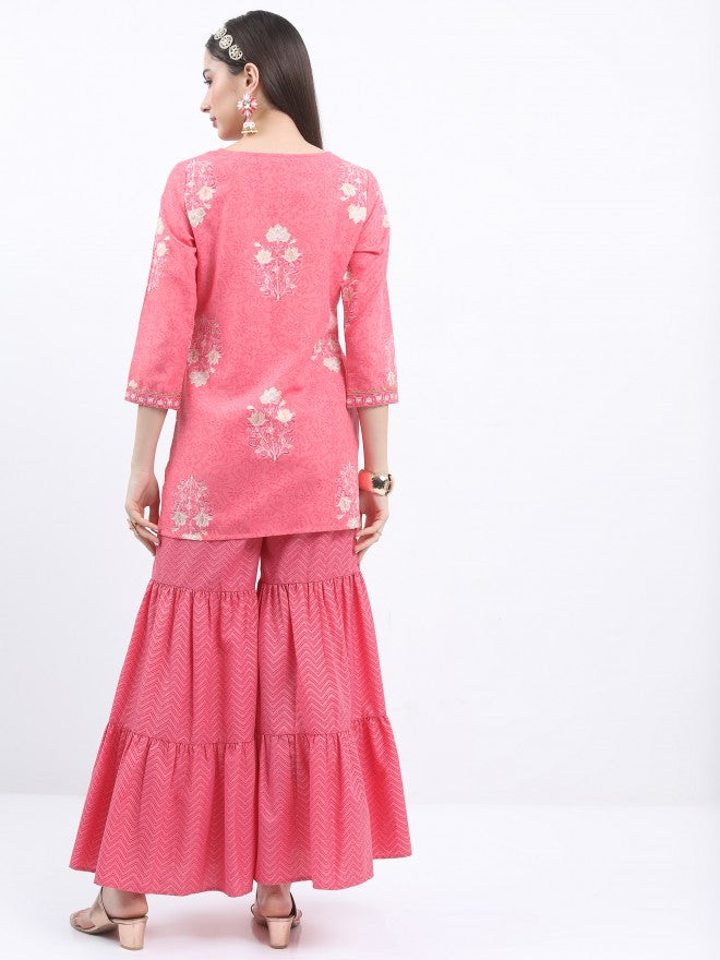 Vishudh Women Pink Printed Kurta With Sharara - Pink - Image 3