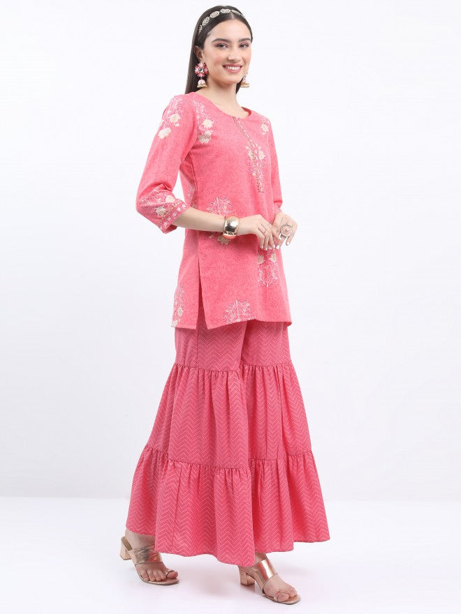 Vishudh Women Pink Printed Kurta With Sharara - Pink - Image 5
