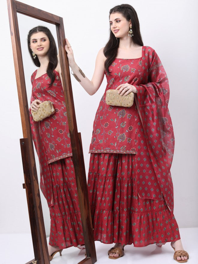 Vishudh Women Red Printed Kurta With Sharara And Dupatta - Red - Image 1