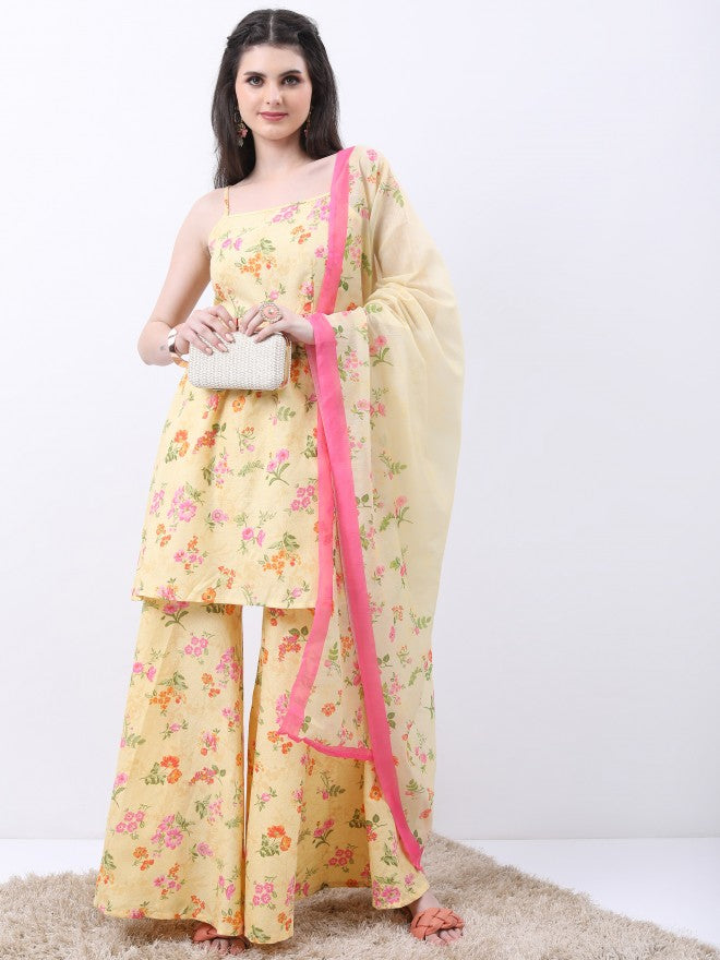 Vishudh Women Yellow Printed Kurta With Sharara And Dupatta - Yellow - Image 1