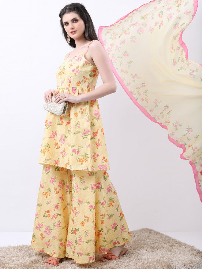 Vishudh Women Yellow Printed Kurta With Sharara And Dupatta - Yellow - Image 2
