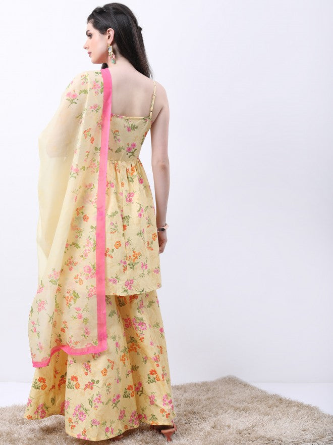 Vishudh Women Yellow Printed Kurta With Sharara And Dupatta - Yellow - Image 3