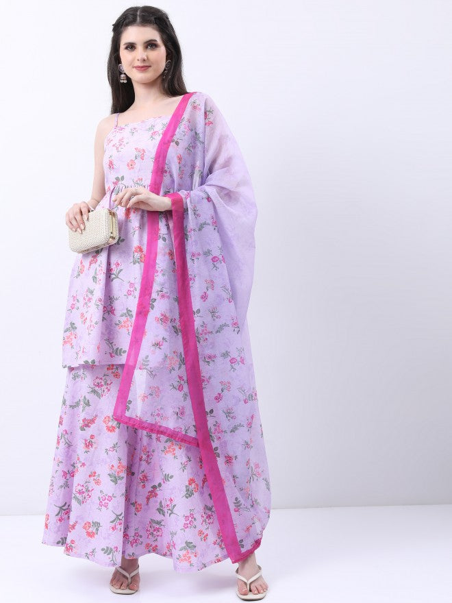 Vishudh Women Lavender Printed Kurta With Sharara And Dupatta - Lavender - Image 1
