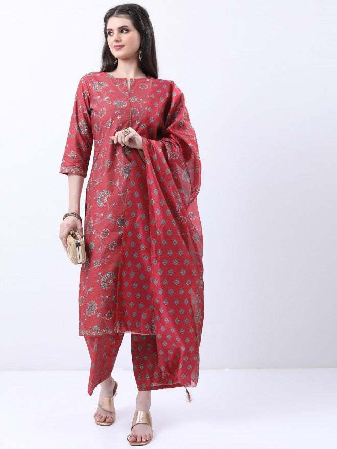 Vishudh Women Red Printed Kurta With Palazzo And Dupatta - Red - Image 1