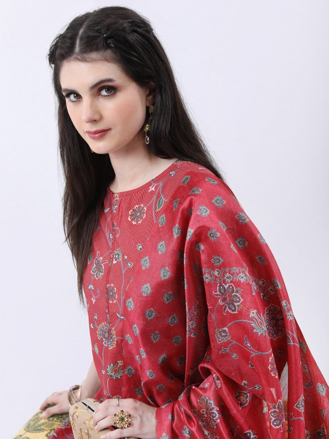 Vishudh Women Red Printed Kurta With Palazzo And Dupatta - Red - Image 2