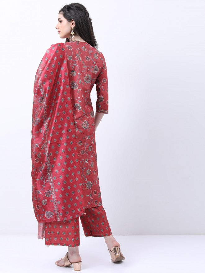 Vishudh Women Red Printed Kurta With Palazzo And Dupatta - Red - Image 3