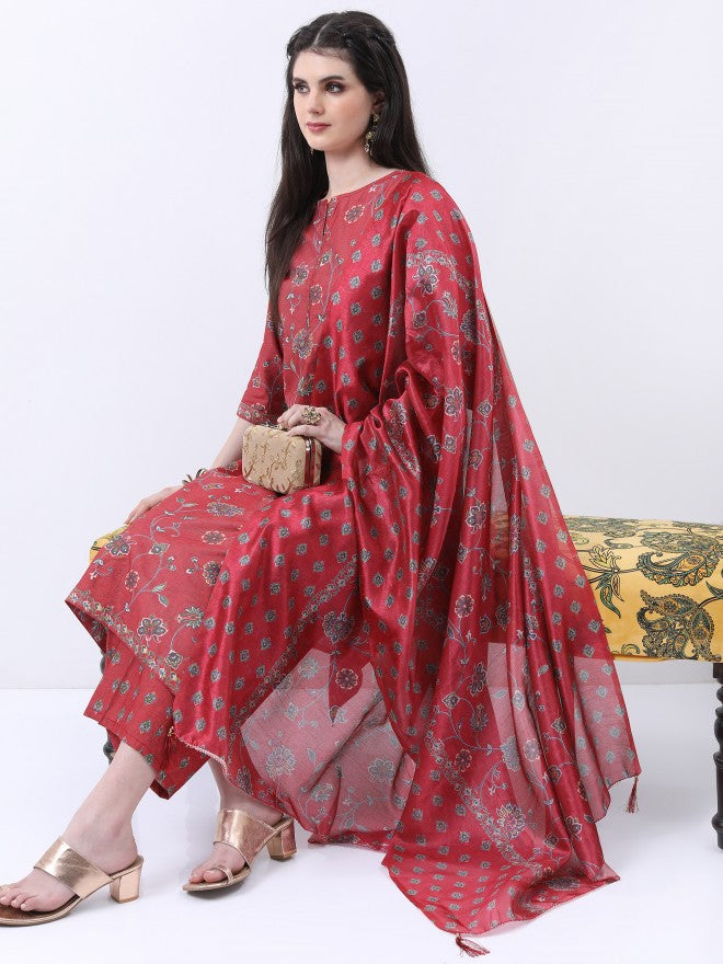 Vishudh Women Red Printed Kurta With Palazzo And Dupatta - Red - Image 4