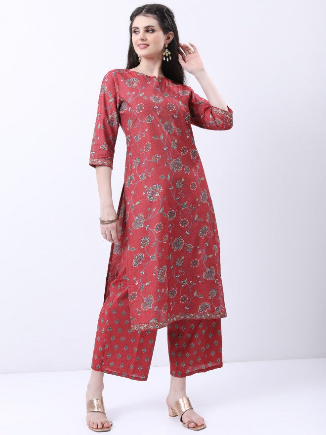 Vishudh Women Red Printed Kurta With Palazzo And Dupatta - Red - Image 7
