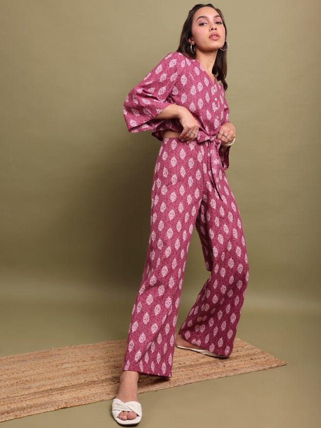 Vishudh Women Purple Printed Top With Palazzo - Purple - Image 1