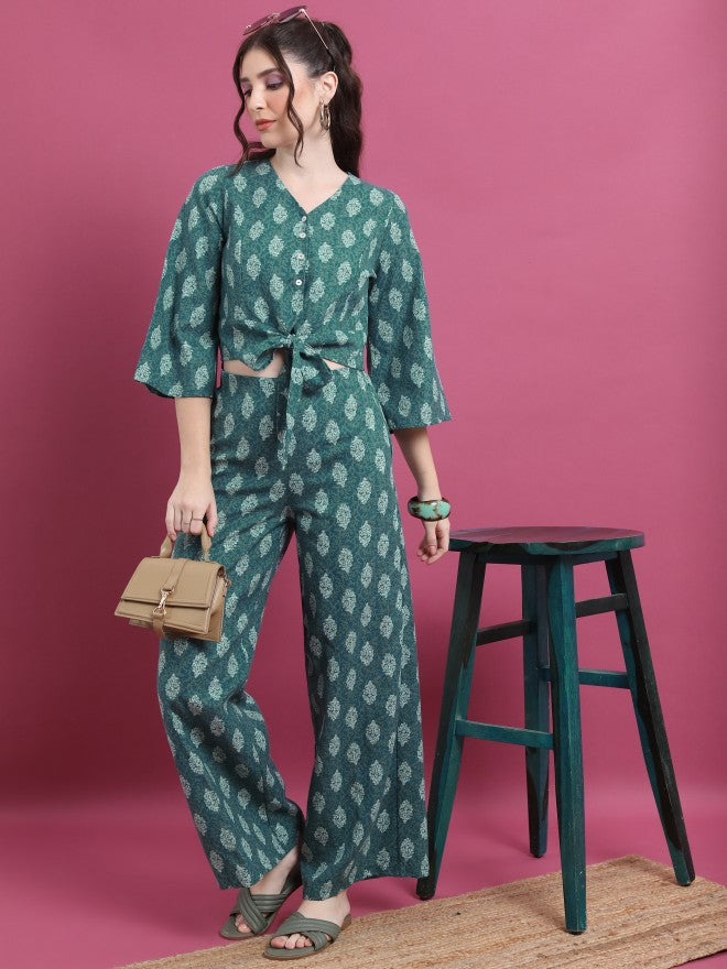 Vishudh Women Teal Printed Top With Palazzo - Teal - Image 1