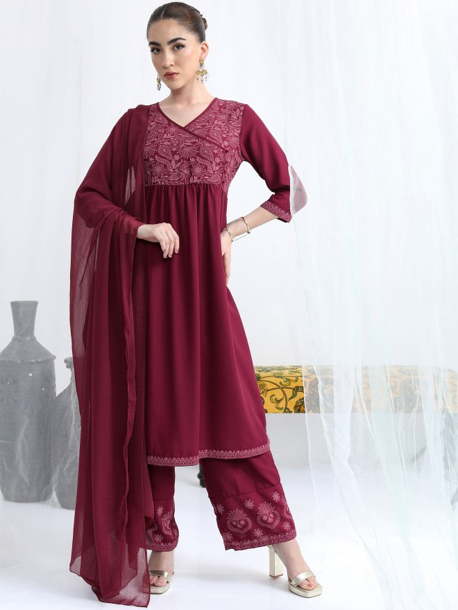 Vishudh Women Burgundy Printed Kurta With Palazzo And Dupatta - Burgundy - Image 1