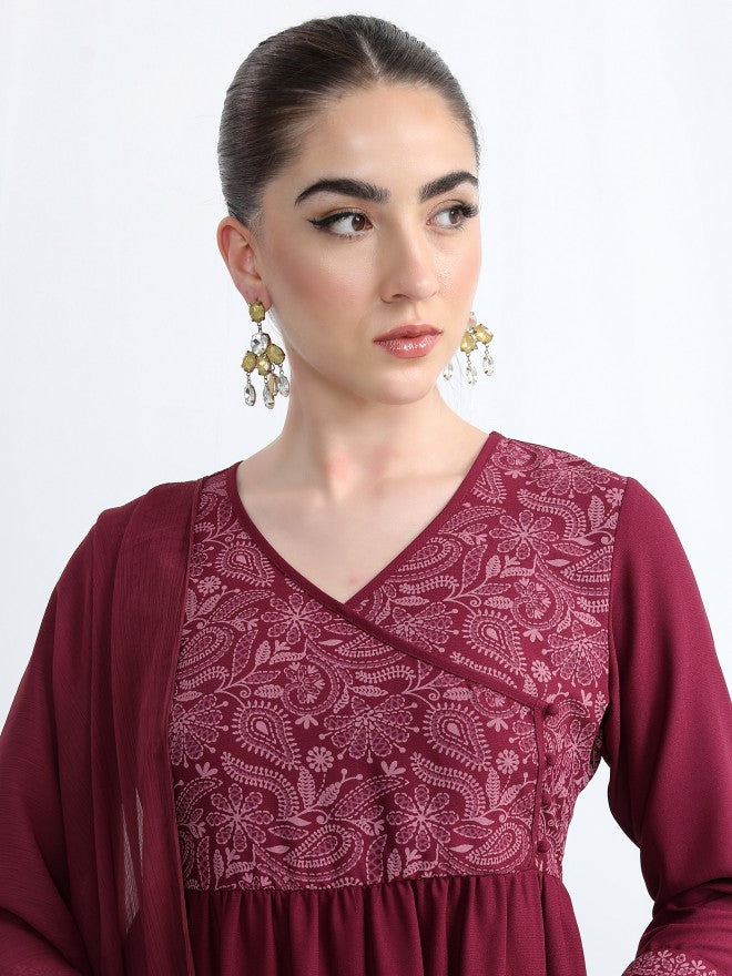 Vishudh Women Burgundy Printed Kurta With Palazzo And Dupatta - Burgundy - Image 2