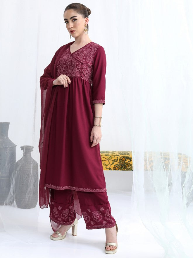 Vishudh Women Burgundy Printed Kurta With Palazzo And Dupatta - Burgundy - Image 4