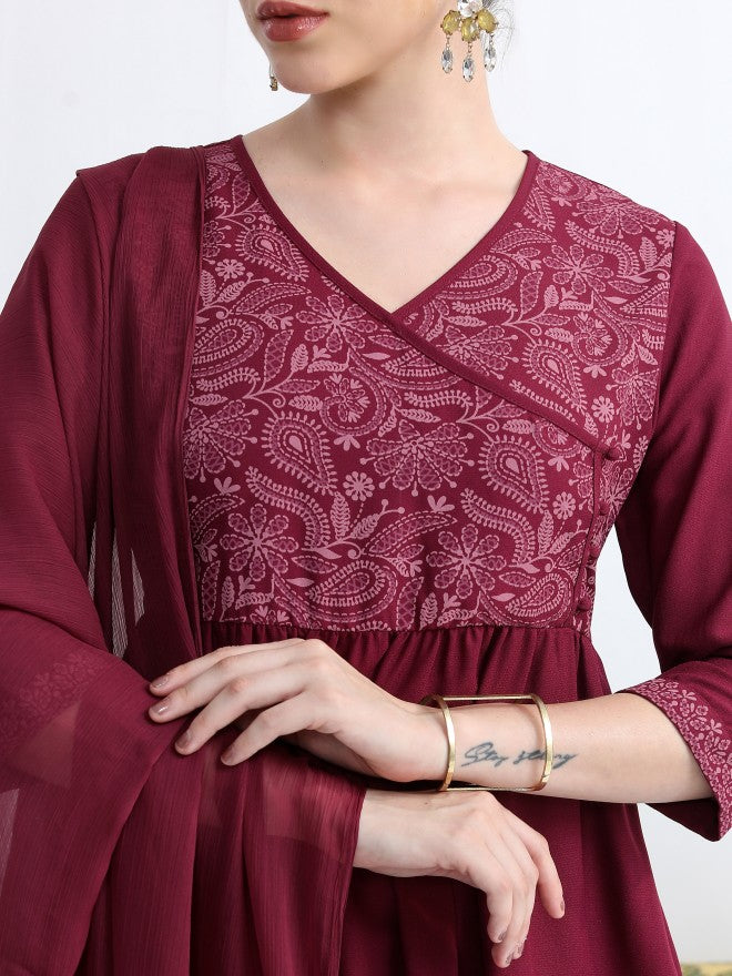 Vishudh Women Burgundy Printed Kurta With Palazzo And Dupatta - Burgundy - Image 5