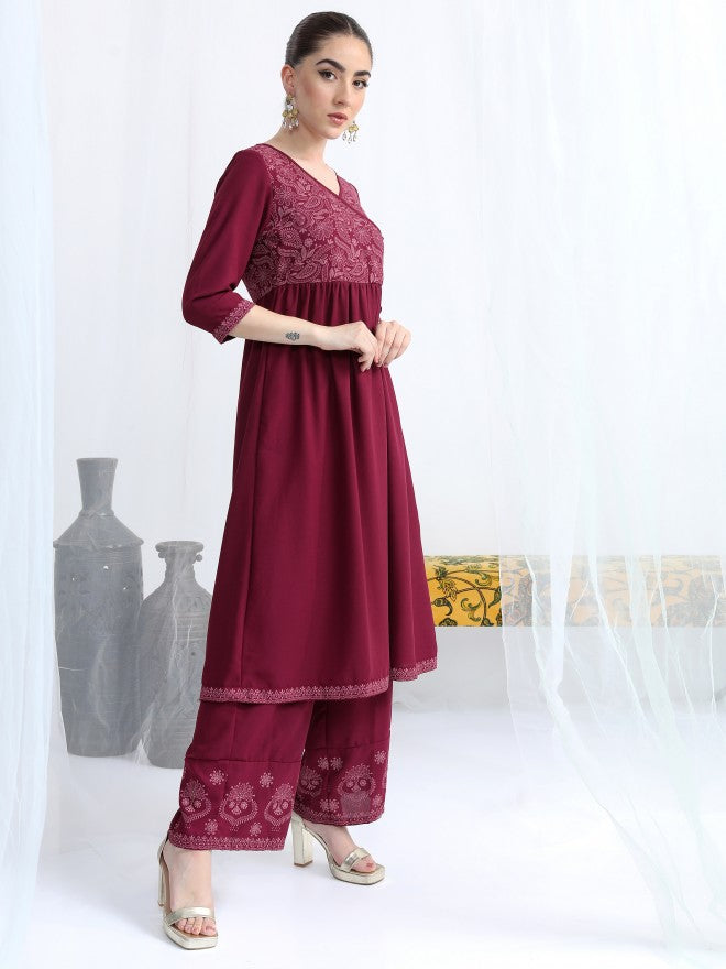 Vishudh Women Burgundy Printed Kurta With Palazzo And Dupatta - Burgundy - Image 6