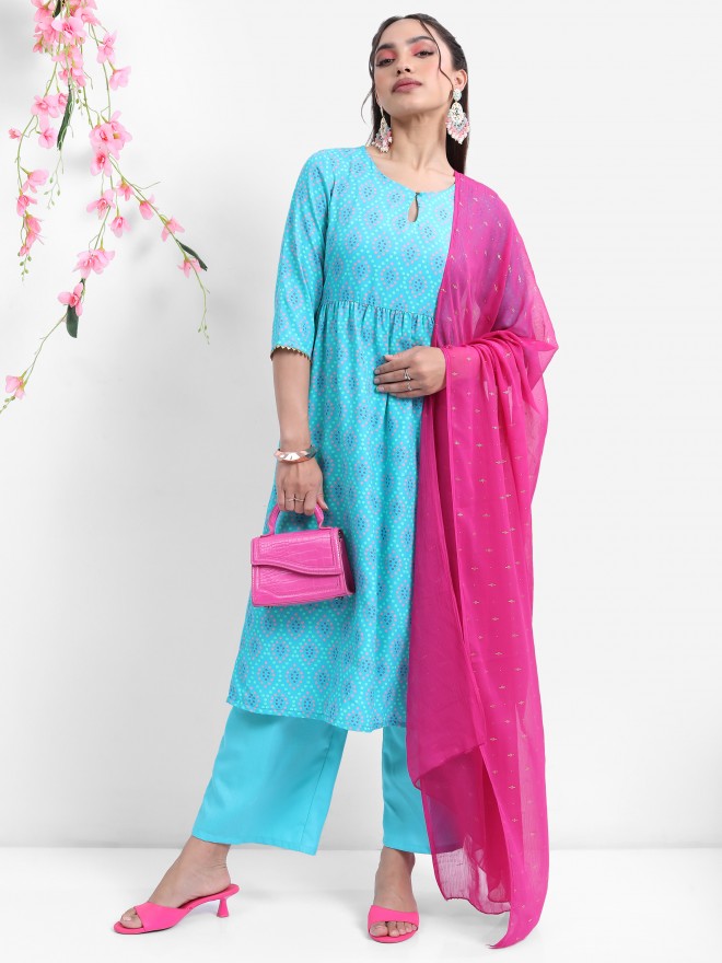 Vishudh Women Turquoise Printed Kurta With Palazzo And Dupatta - Turquoise - Image 1