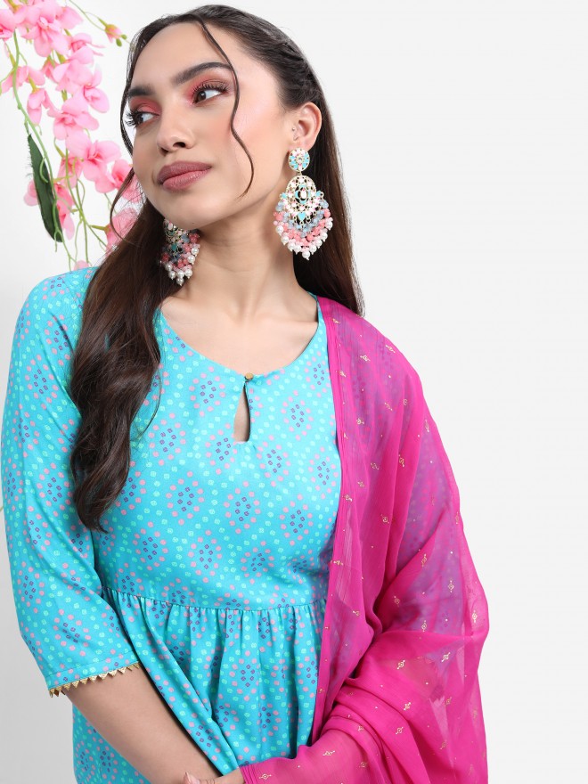 Vishudh Women Turquoise Printed Kurta With Palazzo And Dupatta - Turquoise - Image 2