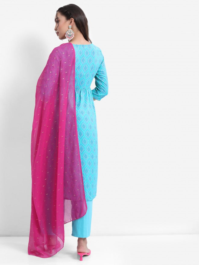 Vishudh Women Turquoise Printed Kurta With Palazzo And Dupatta - Turquoise - Image 3