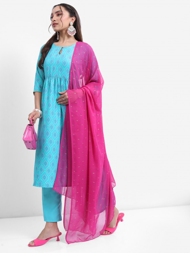 Vishudh Women Turquoise Printed Kurta With Palazzo And Dupatta - Turquoise - Image 4