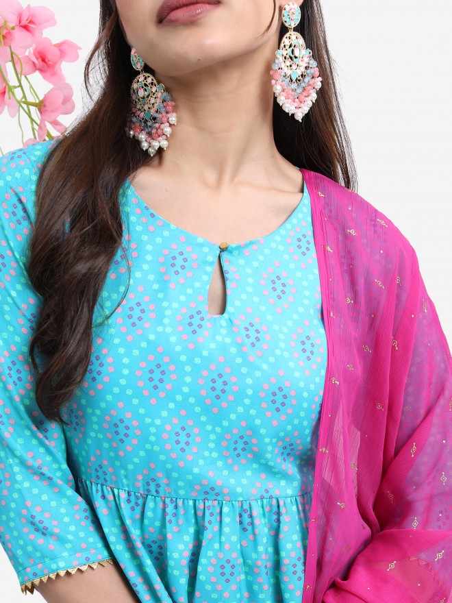 Vishudh Women Turquoise Printed Kurta With Palazzo And Dupatta - Turquoise - Image 5