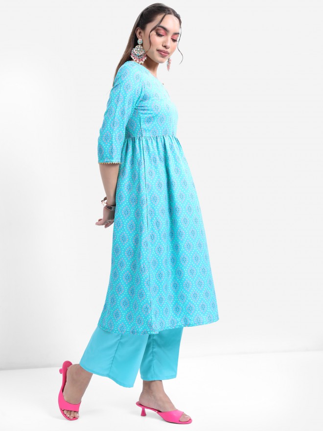 Vishudh Women Turquoise Printed Kurta With Palazzo And Dupatta - Turquoise - Image 6