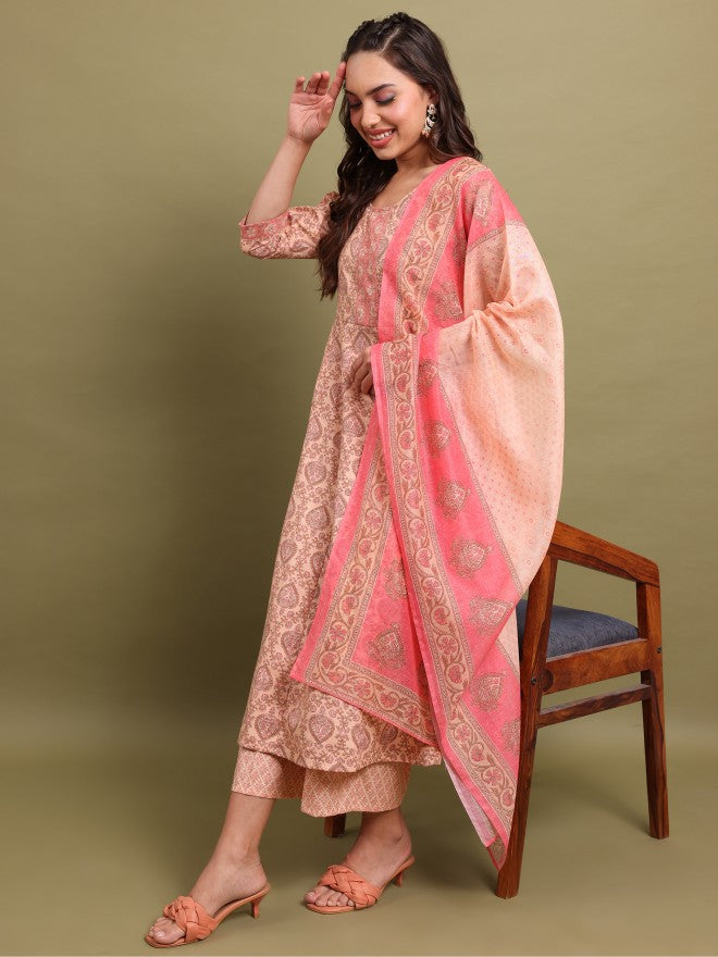 Vishudh Women Peach Printed Kurta With Palazzo And Dupatta - Peach - Image 1