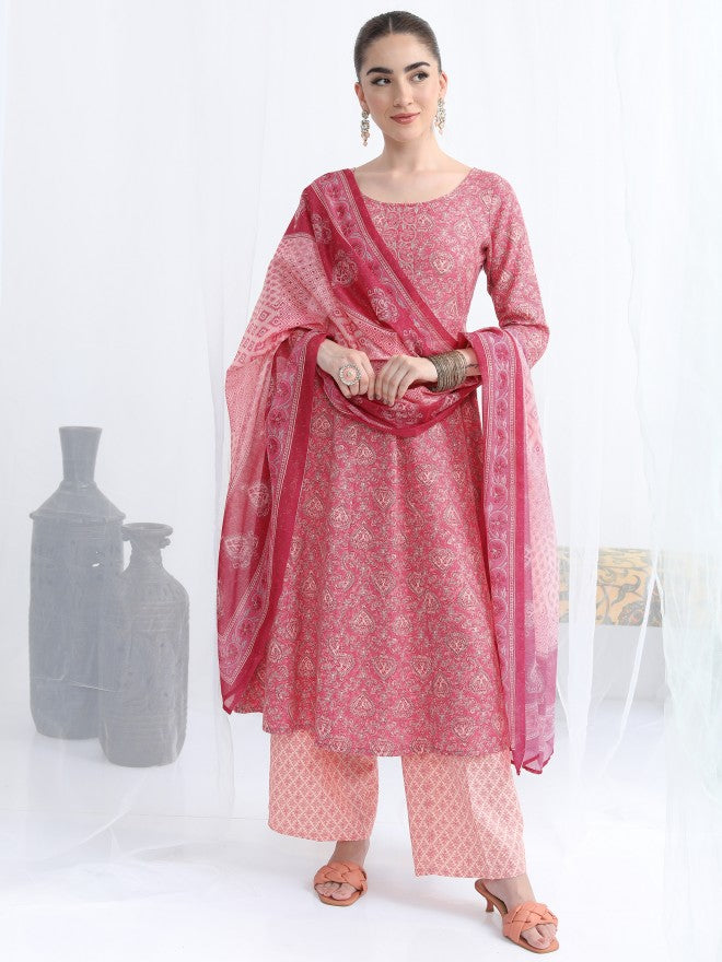 Vishudh Women Pink Printed Kurta With Palazzo And Dupatta - Pink - Image 1