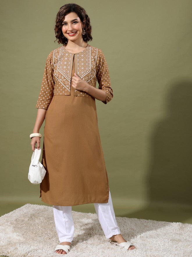 Vishudh Women Brown Printed Kurta With Palazzo - Brown - Image 1