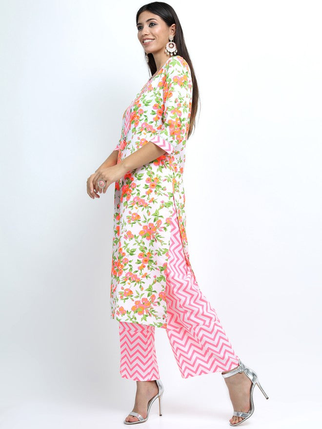 Vishudh Women Off White Printed Kurta With Palazzo And Dupatta - Off White - Image 1