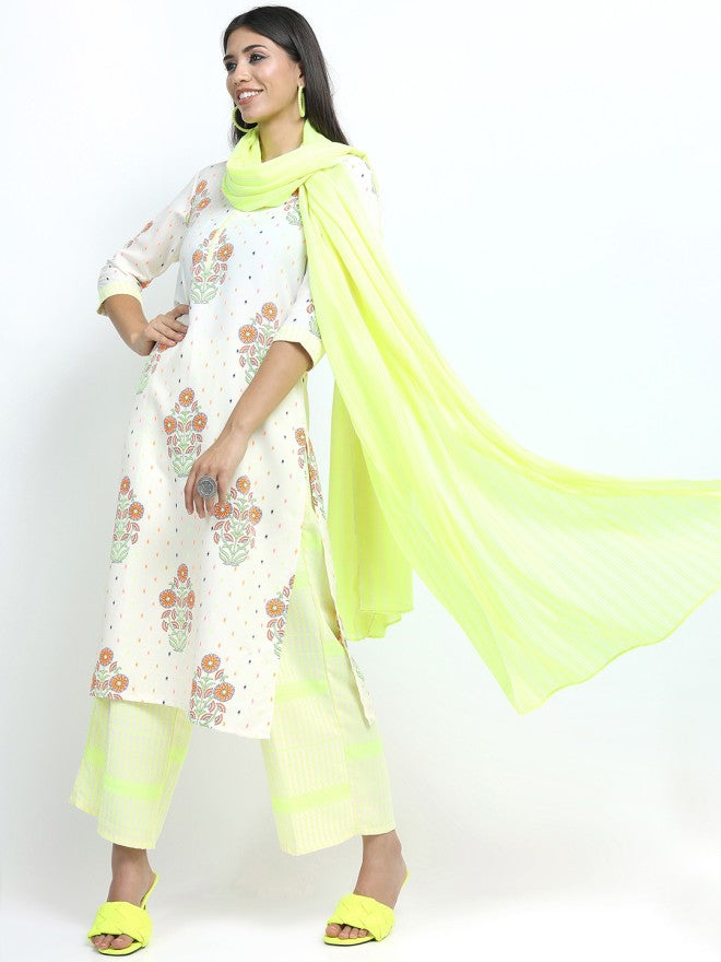 Vishudh Women Off White Printed Kurta With Palazzo And Dupatta - Off White - Image 1