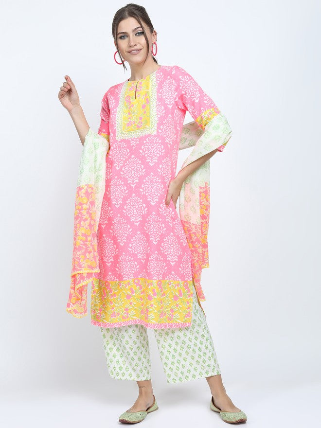 Vishudh Women Pink Printed Kurta With Palazzo And Dupatta - Pink - Image 1