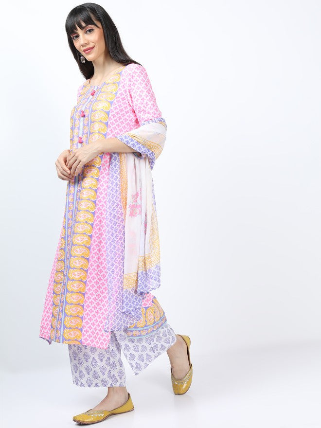 Vishudh Women Pink Printed Kurta With Palazzo And Dupatta - Pink - Image 1
