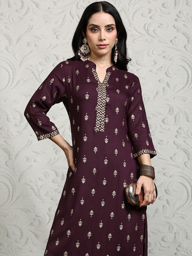 Vishudh Women Maroon Printed Kurta With Palazzos - Maroon - Image 1