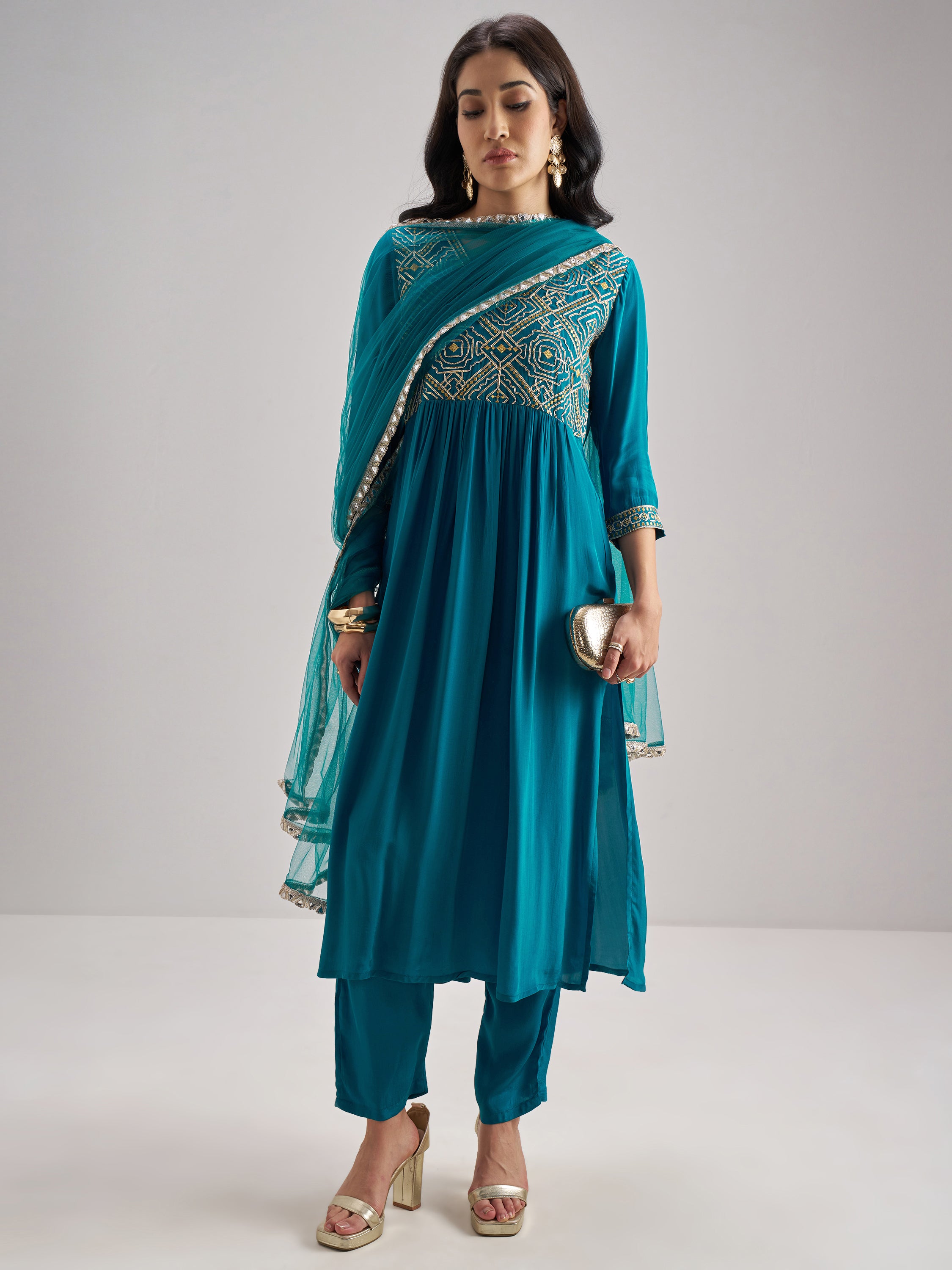 Vishudh Women Teal Embroidered Kurta With Trouser And Dupatta - Teal - Image 1