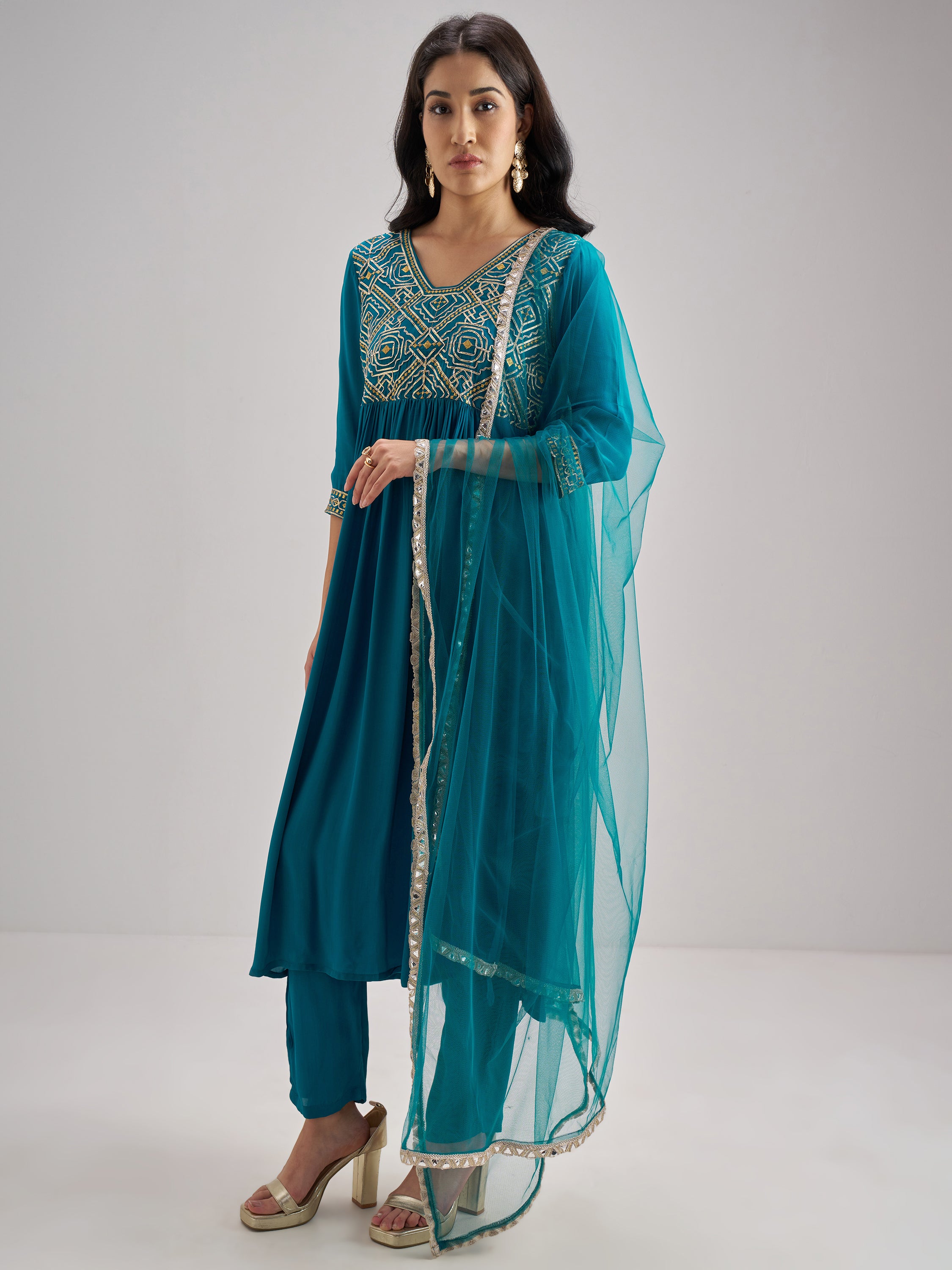Vishudh Women Teal Embroidered Kurta With Trouser And Dupatta - Teal - Image 2