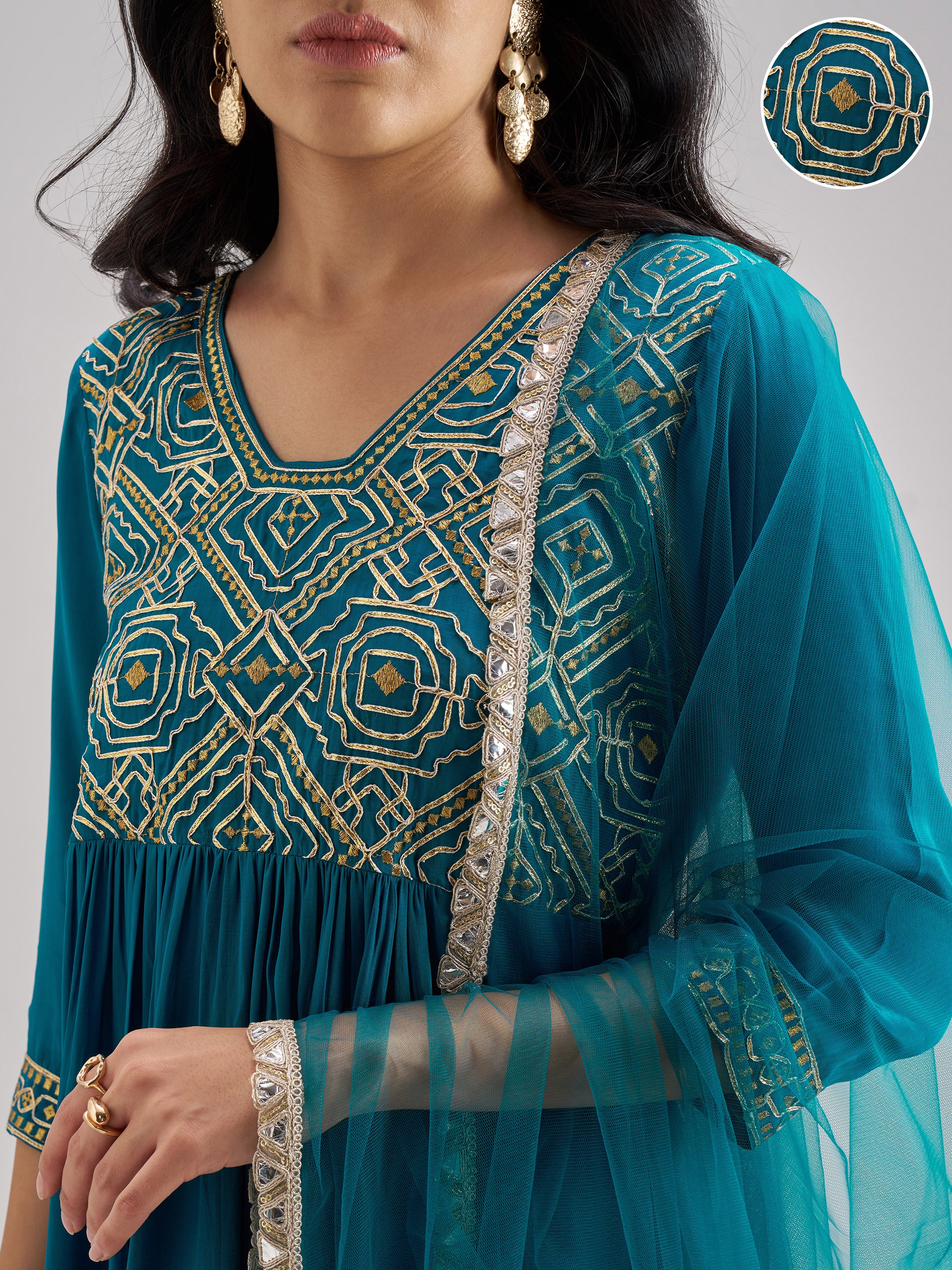 Vishudh Women Teal Embroidered Kurta With Trouser And Dupatta - Teal - Image 5