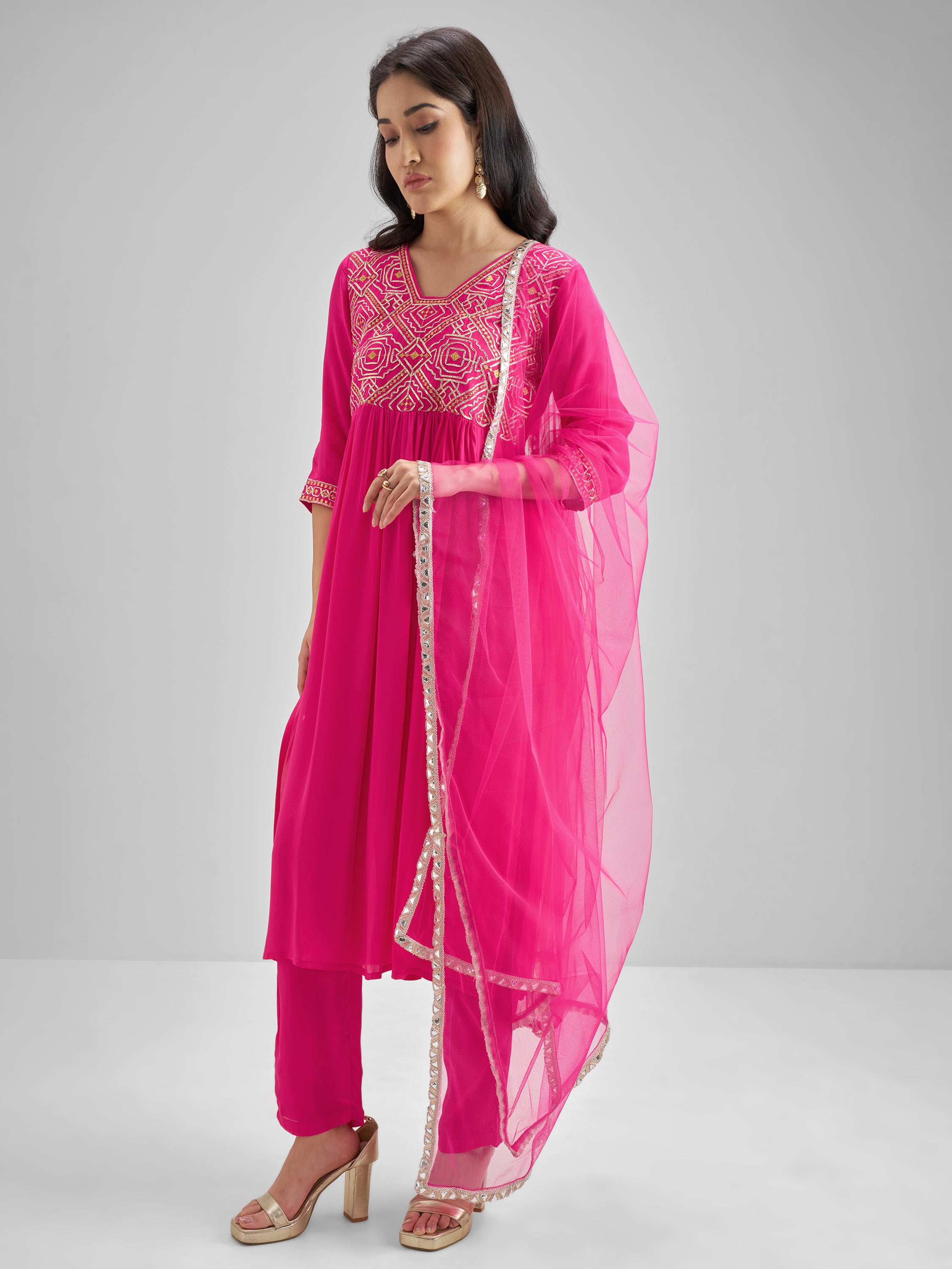 Vishudh Women Pink Embroidered Kurta With Trouser And Dupatta - Pink - Image 2