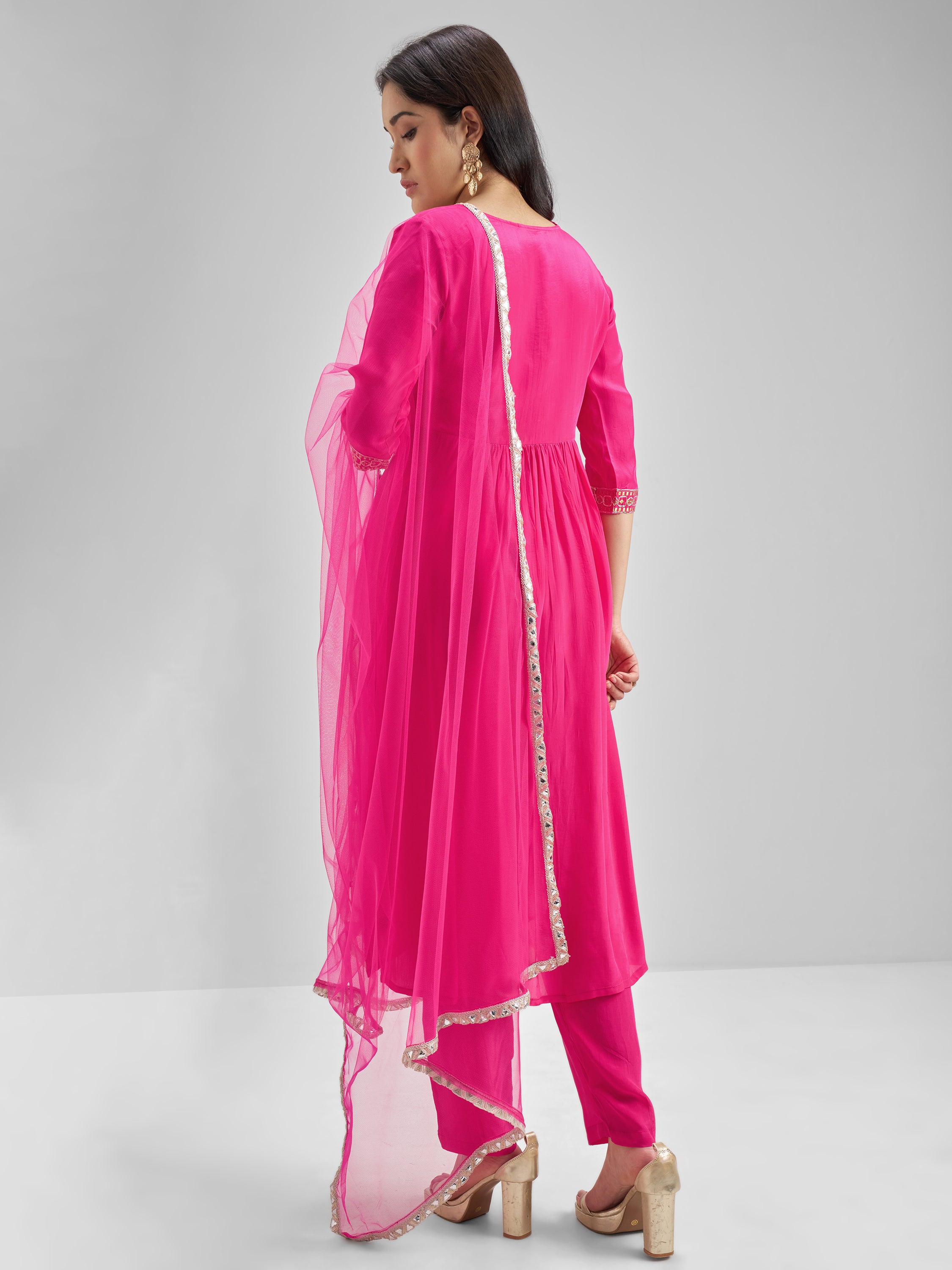 Vishudh Women Pink Embroidered Kurta With Trouser And Dupatta - Pink - Image 3