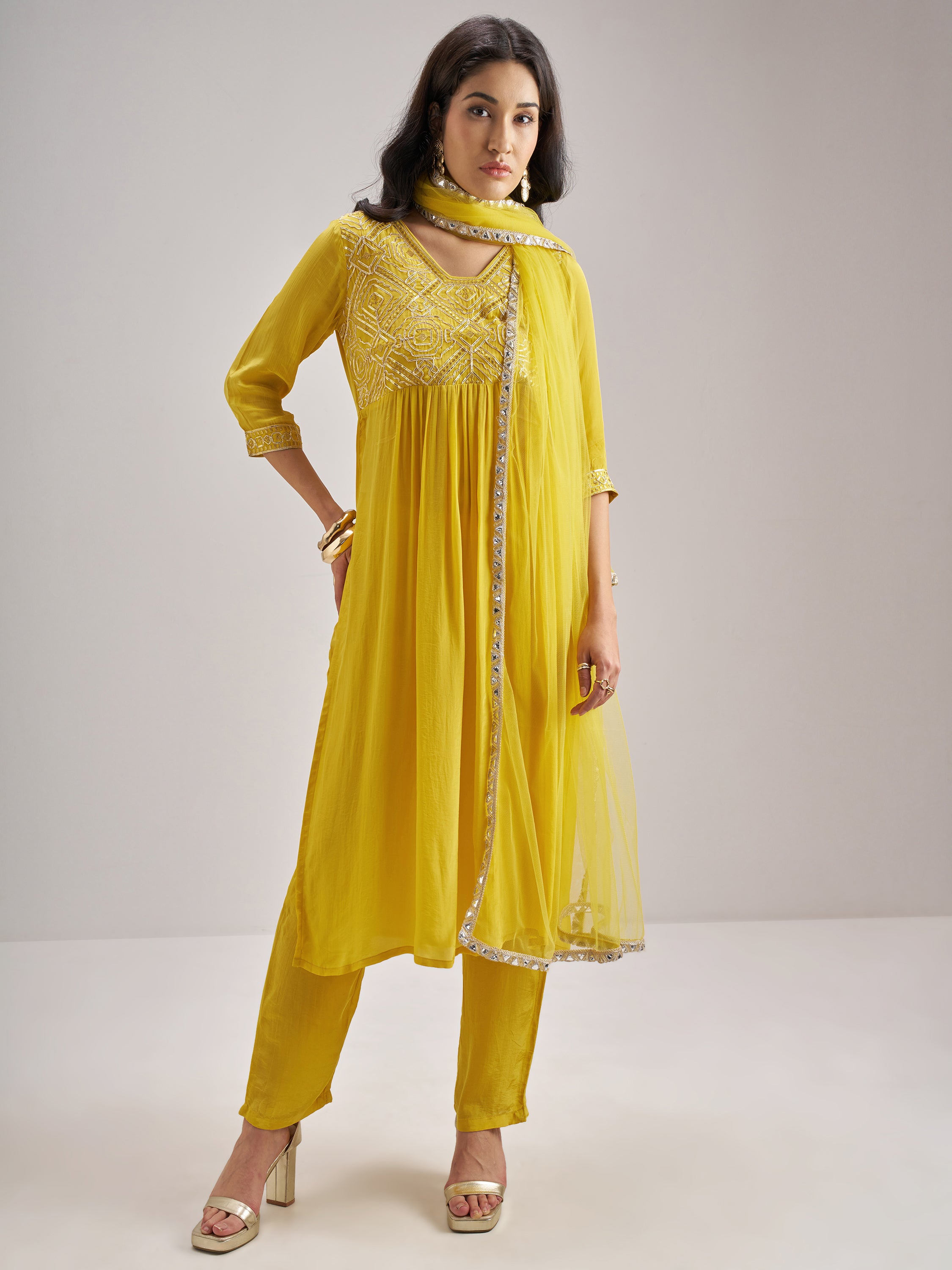 Vishudh Women Yellow Embroidered Kurta With Trouser And Dupatta - Yellow - Image 1